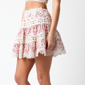 Etiquette Floral Crochet Trim Tiered Floral Layered Mini Skirt